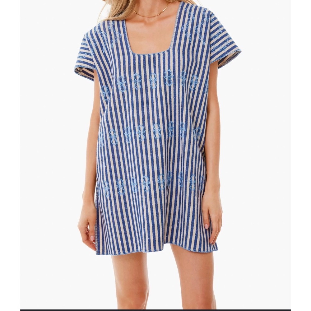 NWOT Tuckernuck Womens Blue White Striped Embroidered Kaftan Tunic Top Medium